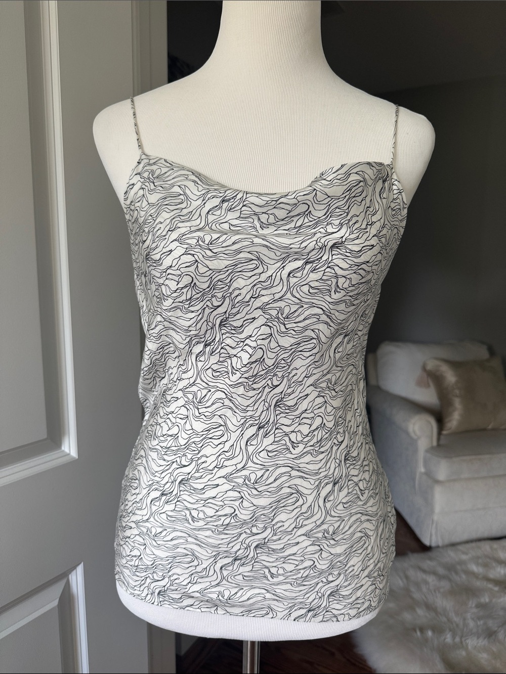 Theory White and Black Abstract Cowl Neck Slip Top P